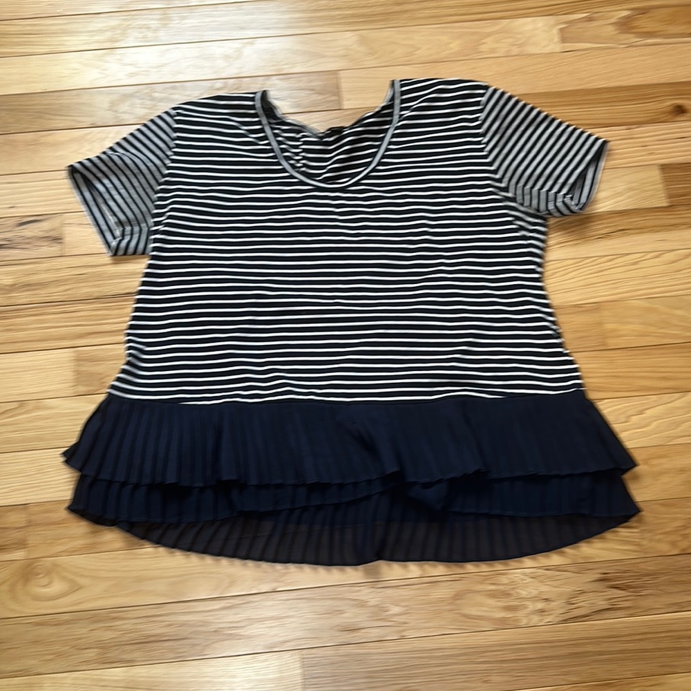 J Crew horizontal, navy and white, striped boat neck top with pleat accent small